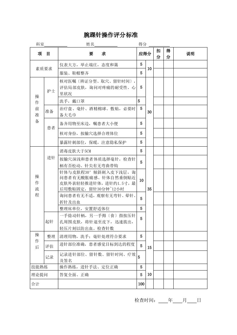 腕踝针操作评分标准