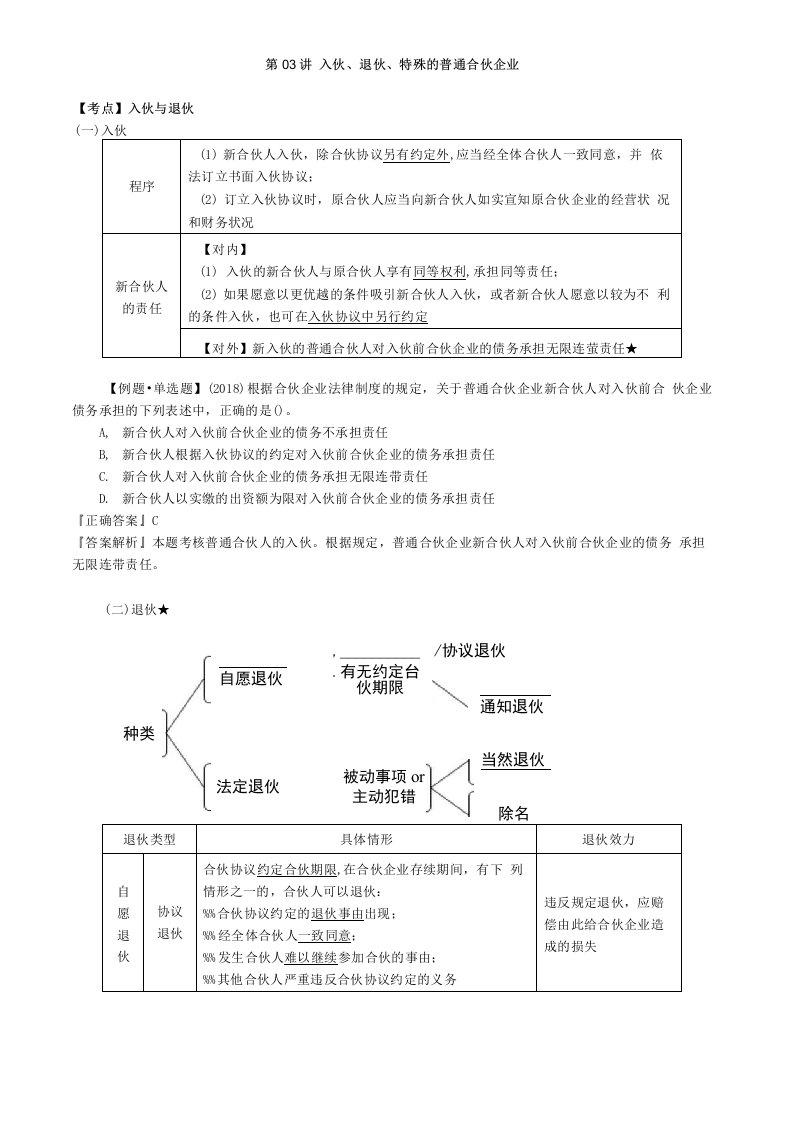 2020年中级会计师经济法考点精讲讲义第03讲入伙退伙特殊的普通合伙企业