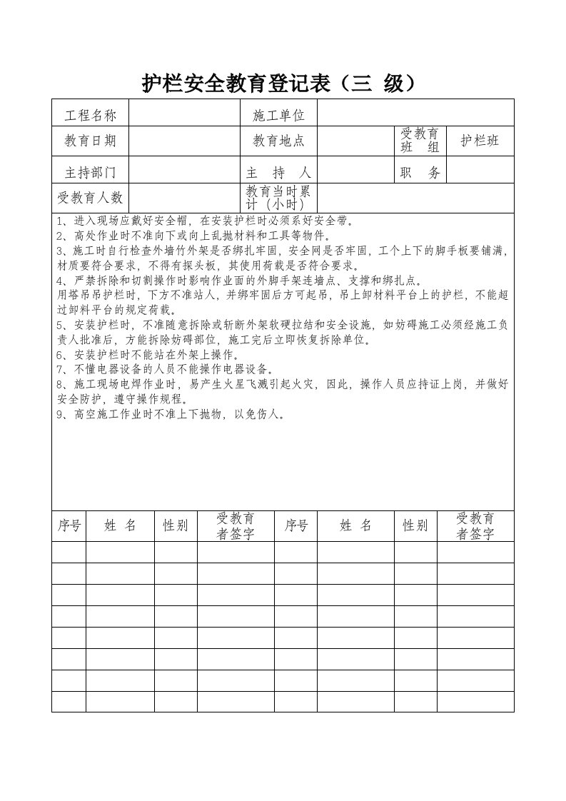 建筑资料-护栏安全教育登记表三