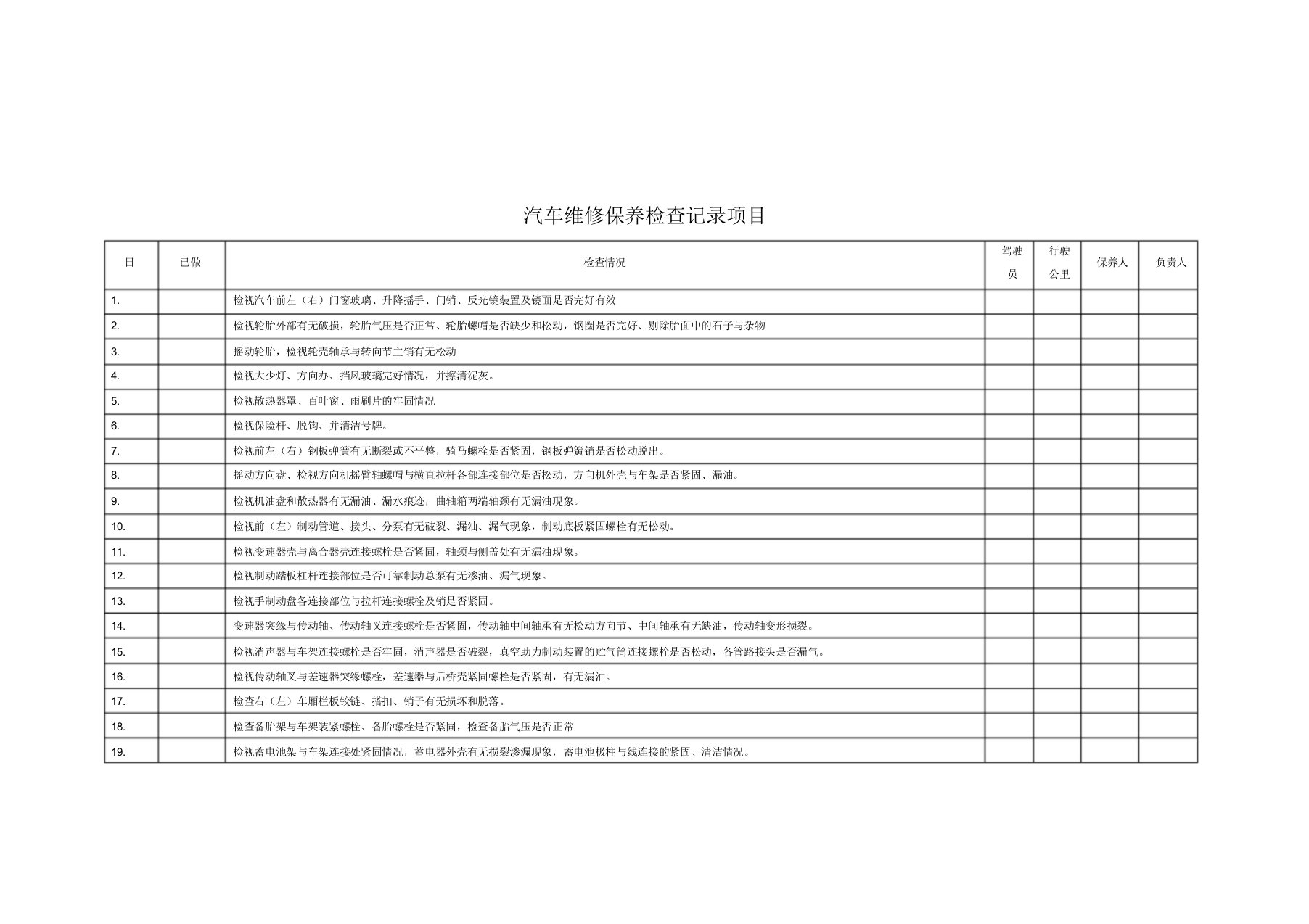 汽车维修保养记录表