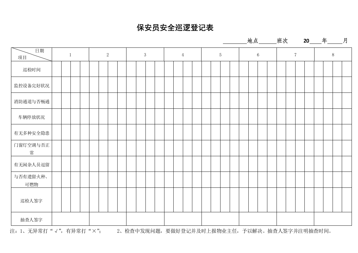 保安日常巡查记录表