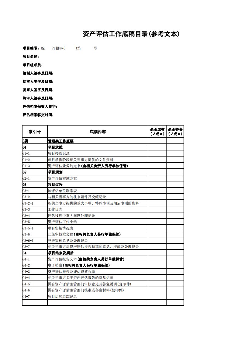 资产评估工作底稿目录