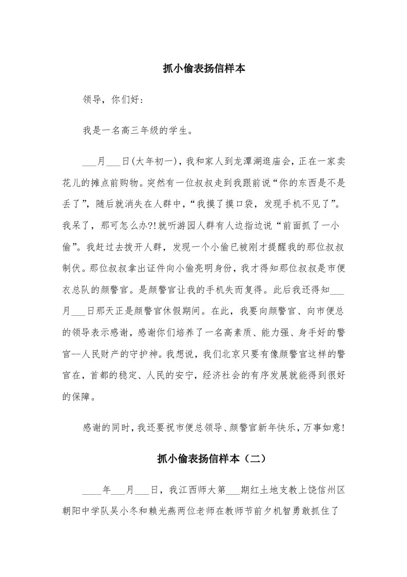 抓小偷表扬信样本