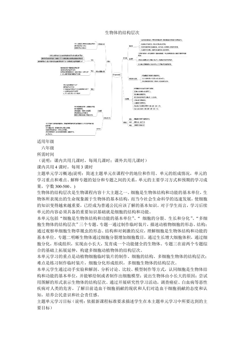 初中生物《生物体的结构层次》主题单元教学设计1