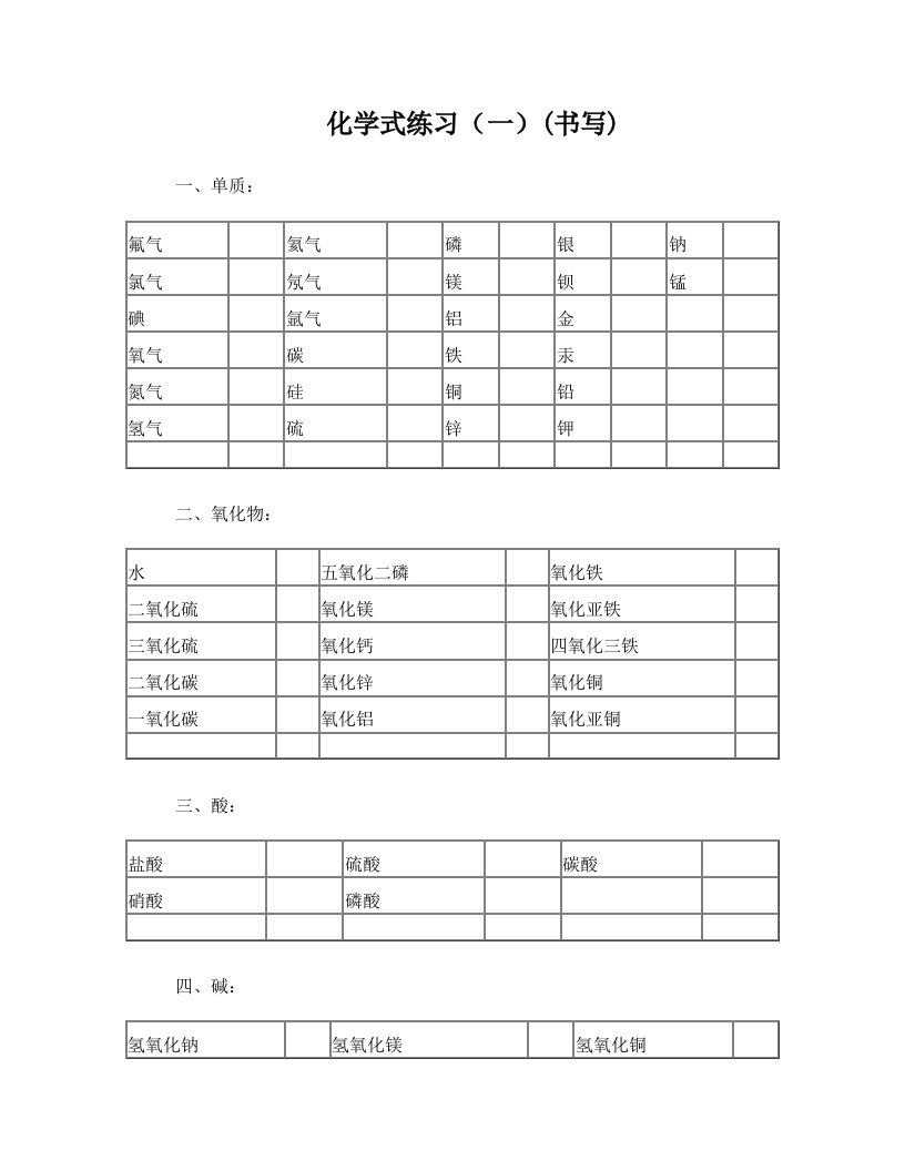 常见物质化学式书写练习