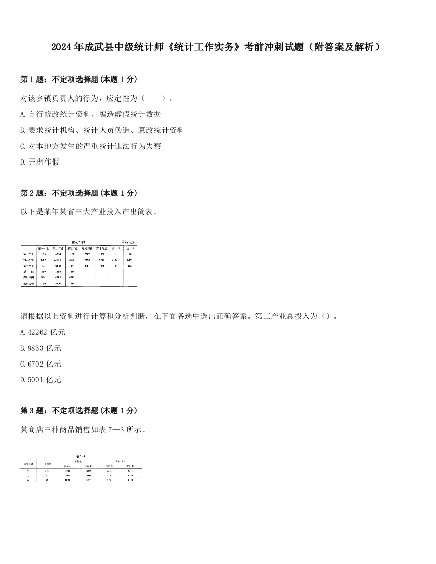 2024年成武县中级统计师《统计工作实务》考前冲刺试题（附答案及解析）