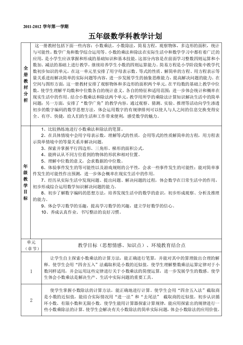 最新五年级上册教学计划表格