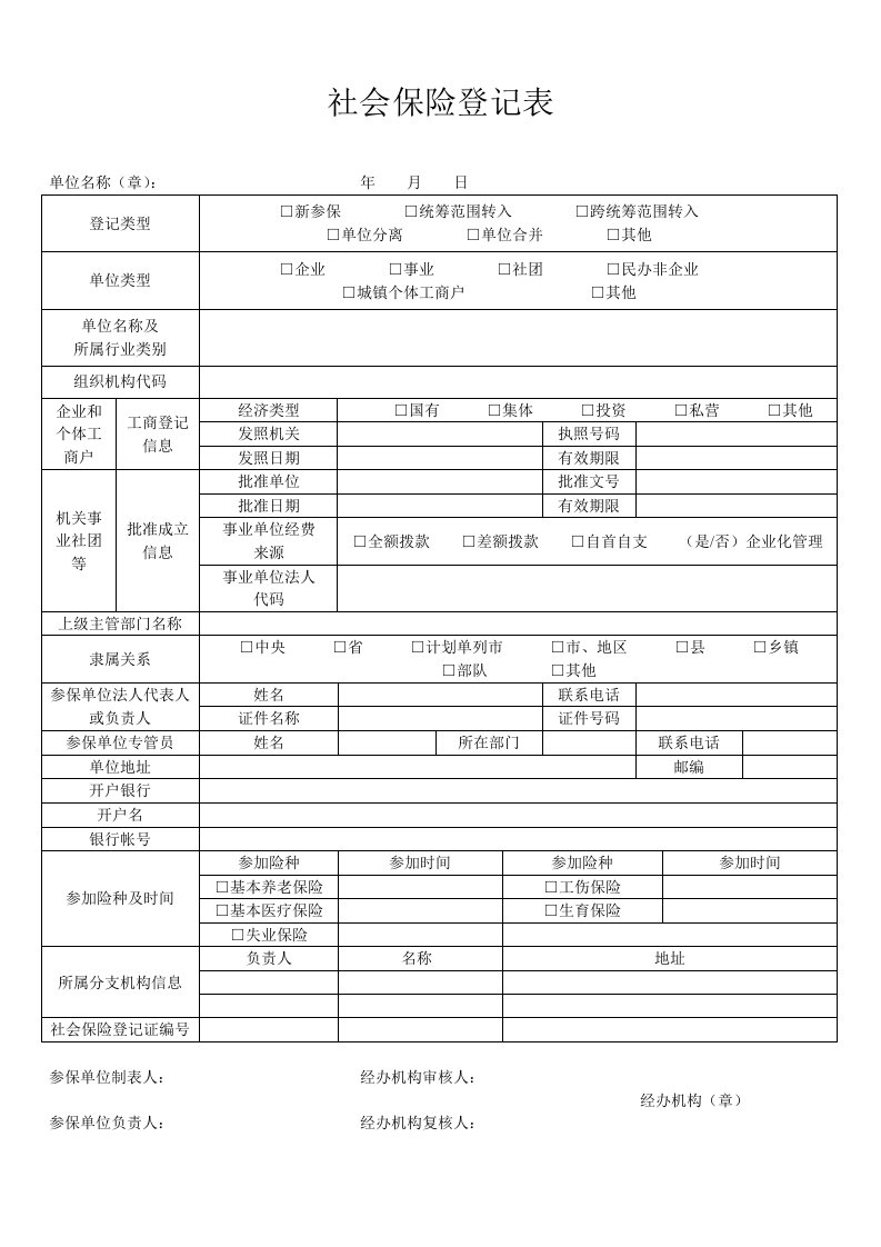 社会保险登记表（一式两份）