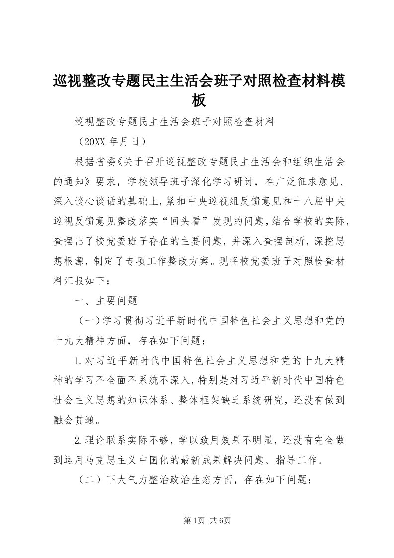 7巡视整改专题民主生活会班子对照检查材料模板