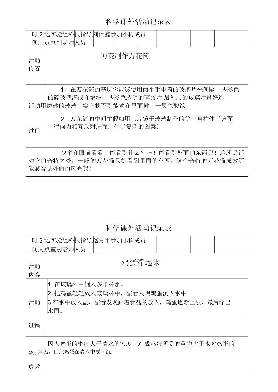 小学科学课外活动记录