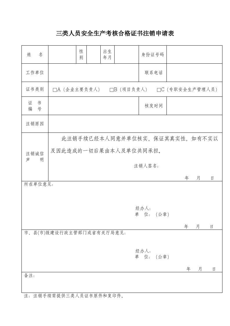 三类人员安全生产考核合格证书注销申请表