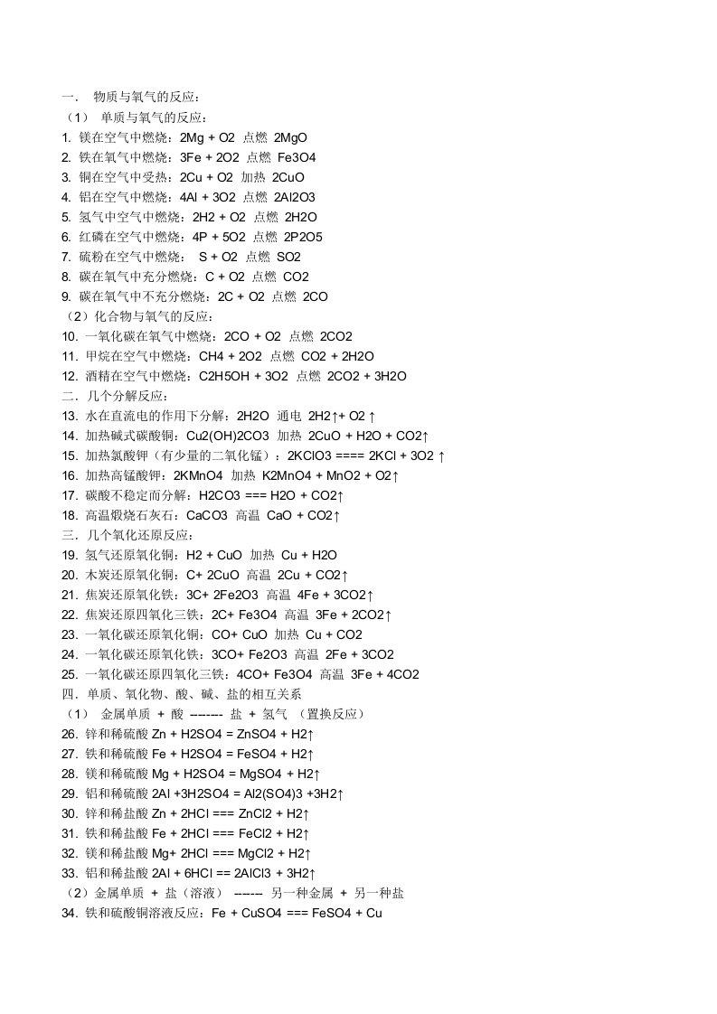 初中化学必背的100个方程式