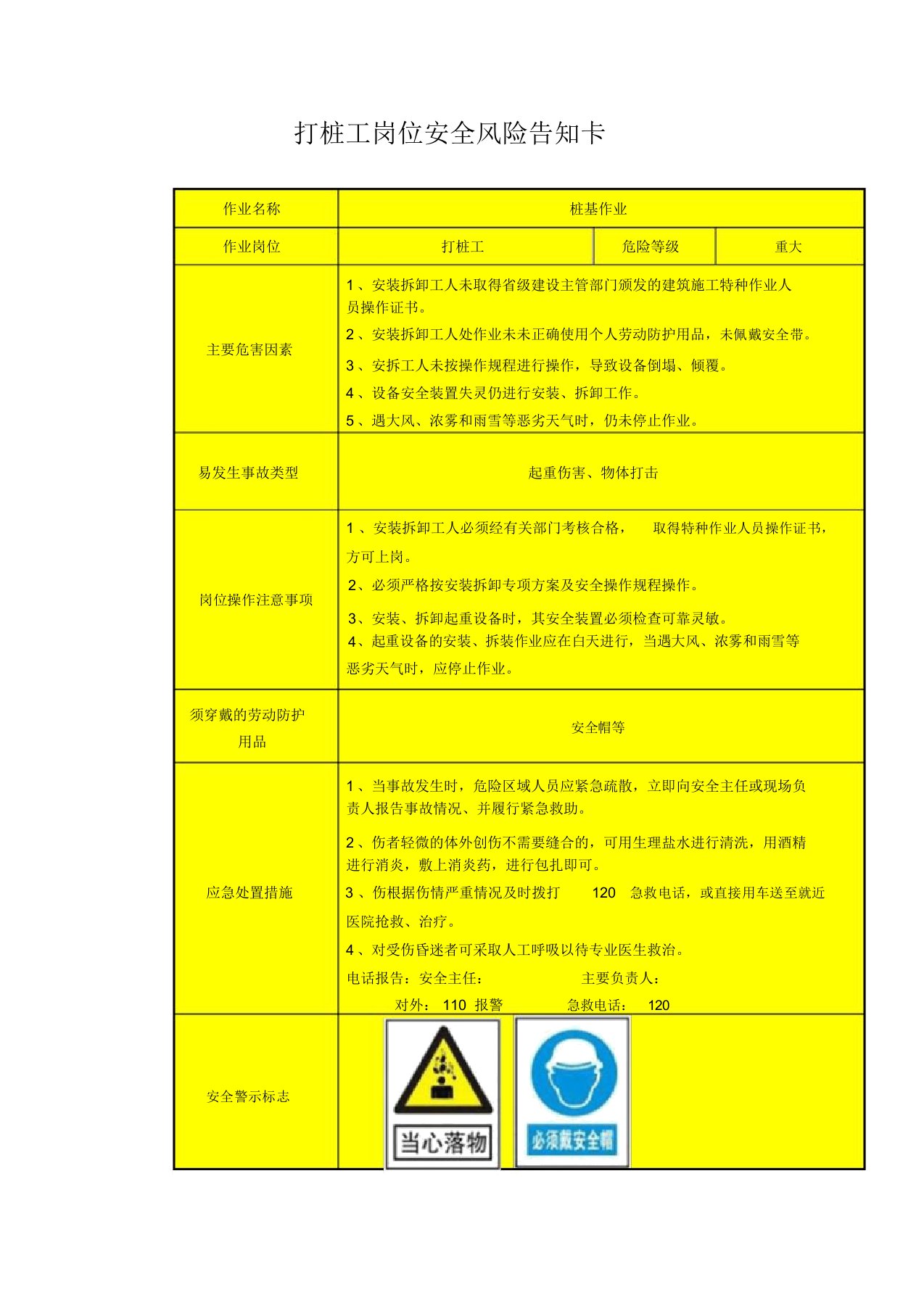 打桩工岗位安全风险告知卡