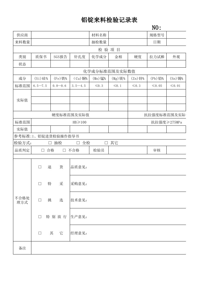 铝锭来料检验记录表