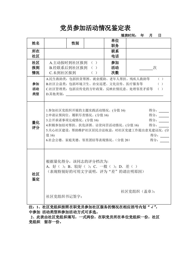 党员进社区活动鉴定表