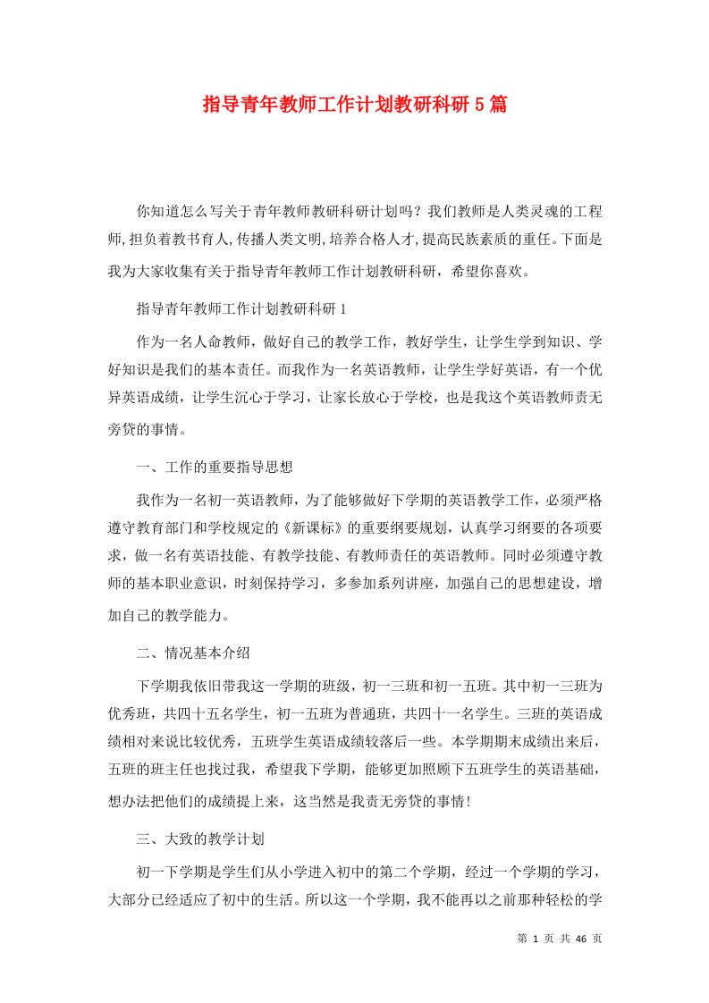 指导青年教师工作计划教研科研5篇