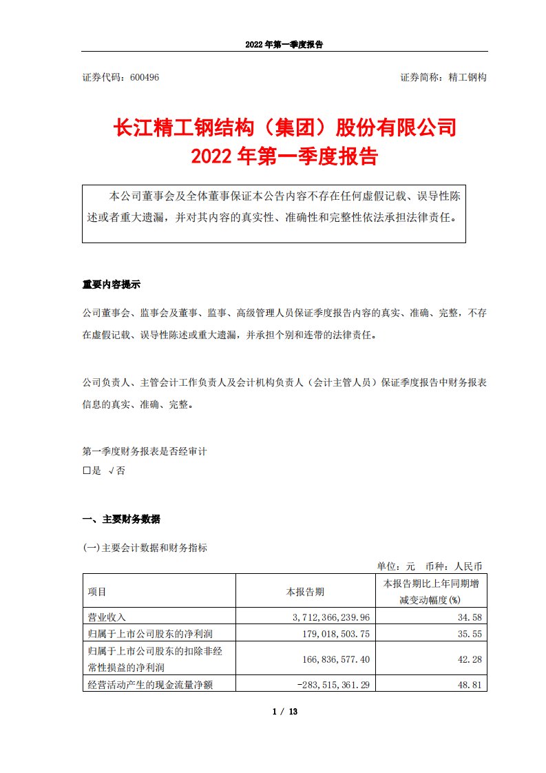 上交所-精工钢构2022年第一季度报告-20220429