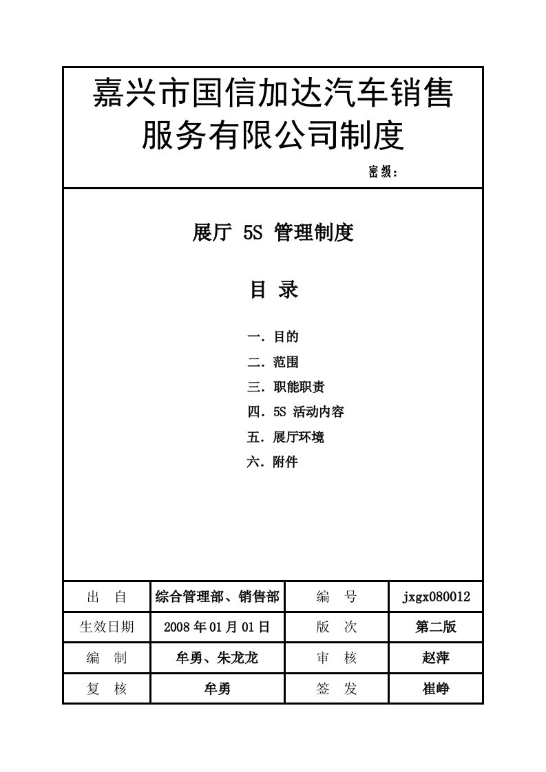 《某汽车销售服务公司展厅5S管理制度》(doc)-生产制度表格