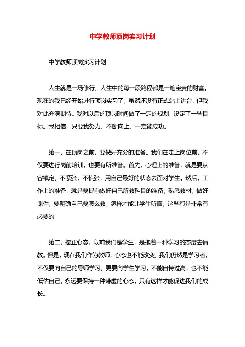 中学教师顶岗实习计划