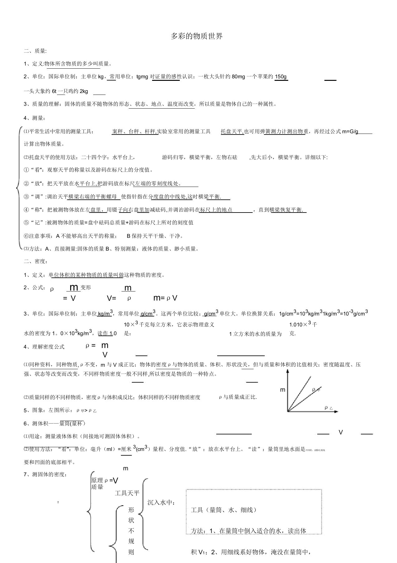 人教版八年级物理-质量和密度-知识点习题打印版