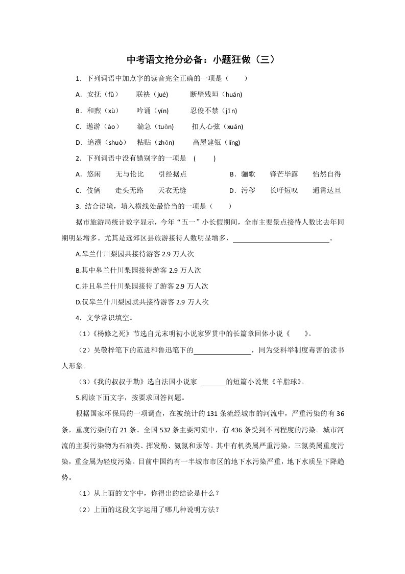 中考语文抢分必备小题狂做