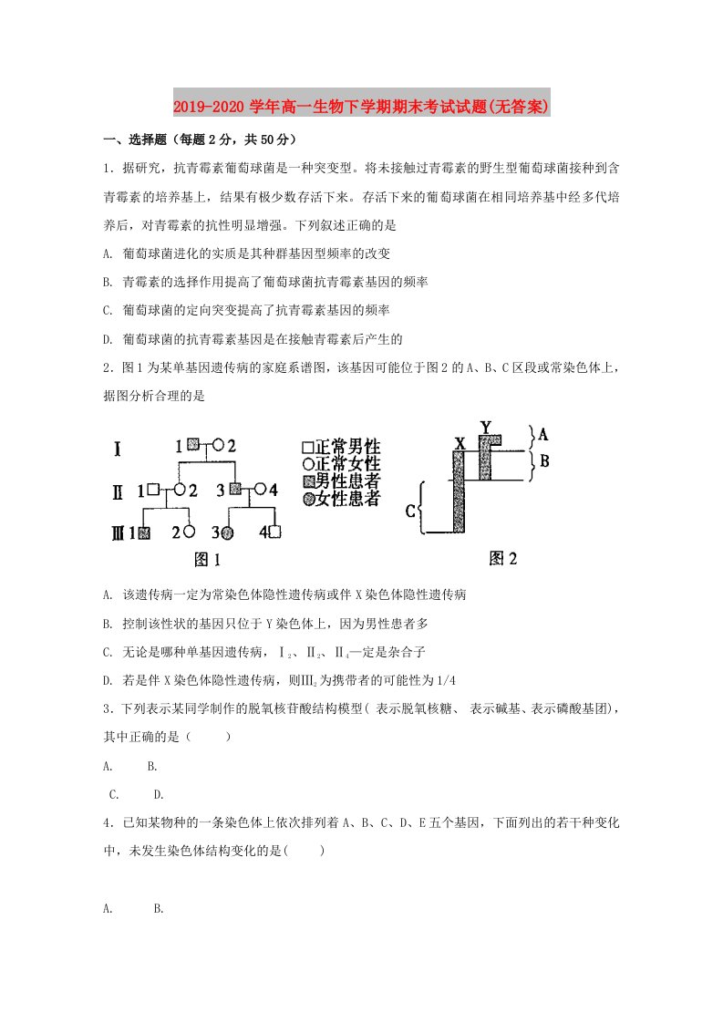 2019-2020学年高一生物下学期期末考试试题(无答案)