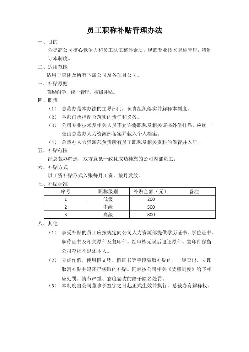 职称补贴管理制度(试行)