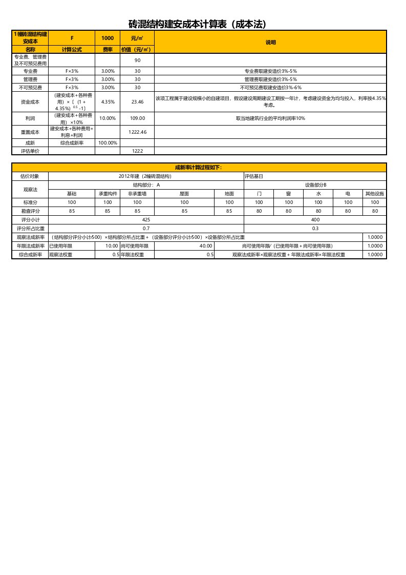 砖混结构建安成本计算表