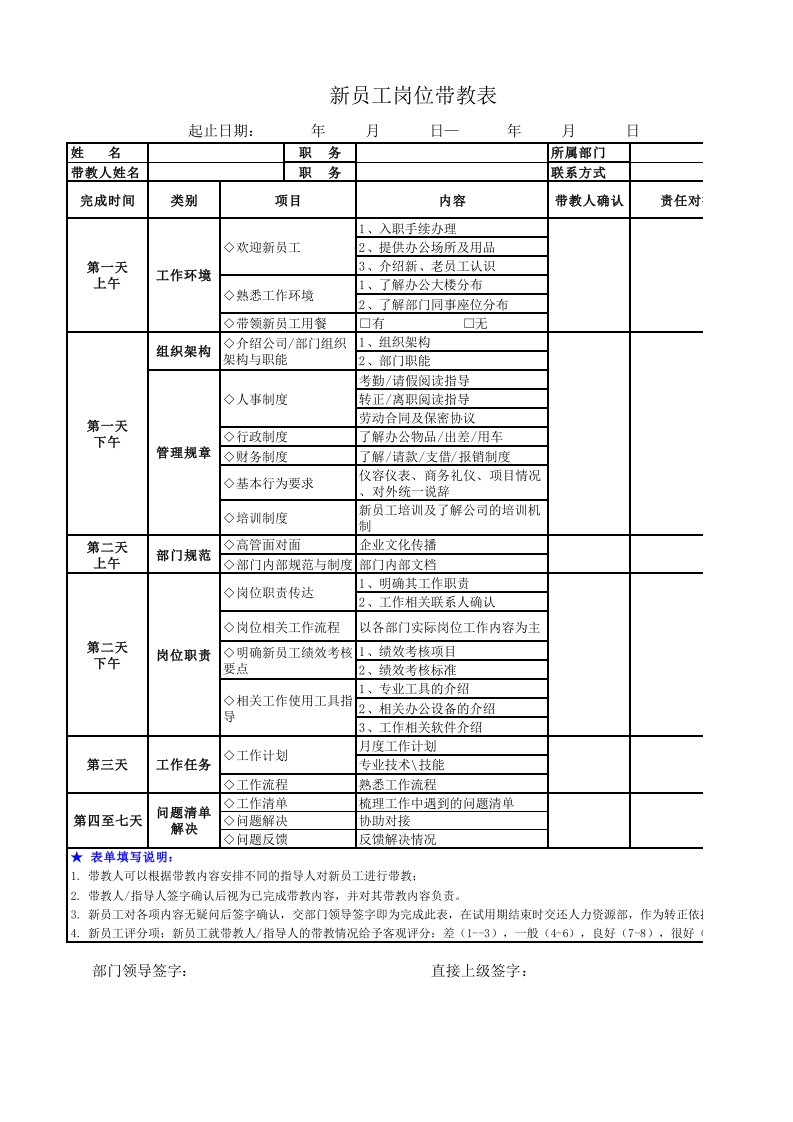 新员工带教表