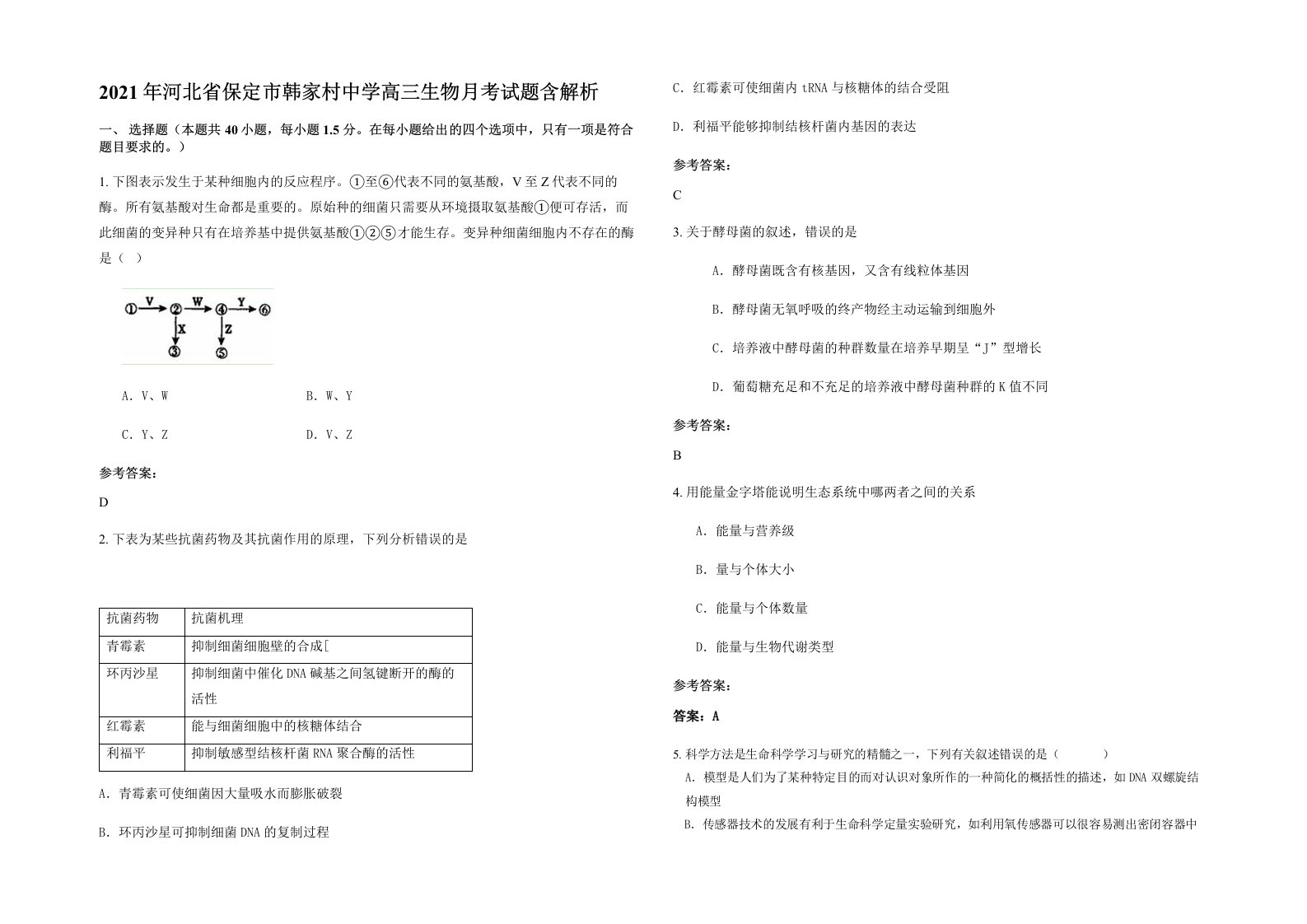 2021年河北省保定市韩家村中学高三生物月考试题含解析