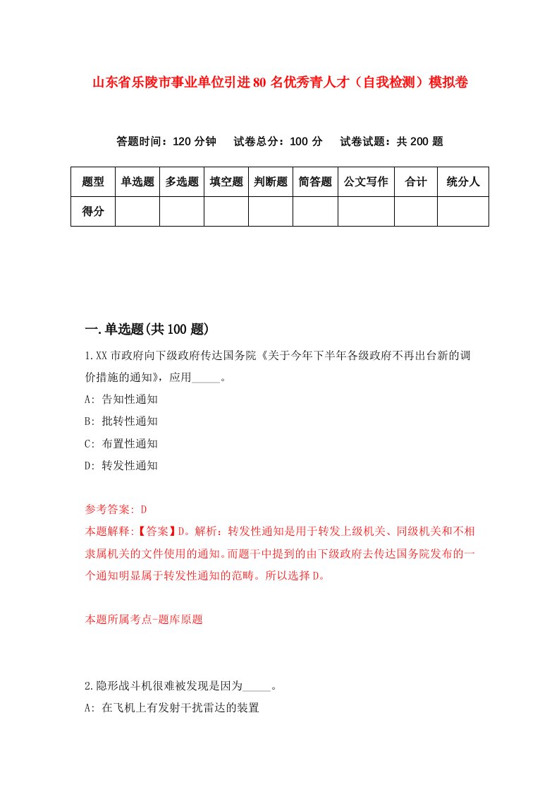 山东省乐陵市事业单位引进80名优秀青人才自我检测模拟卷第2期