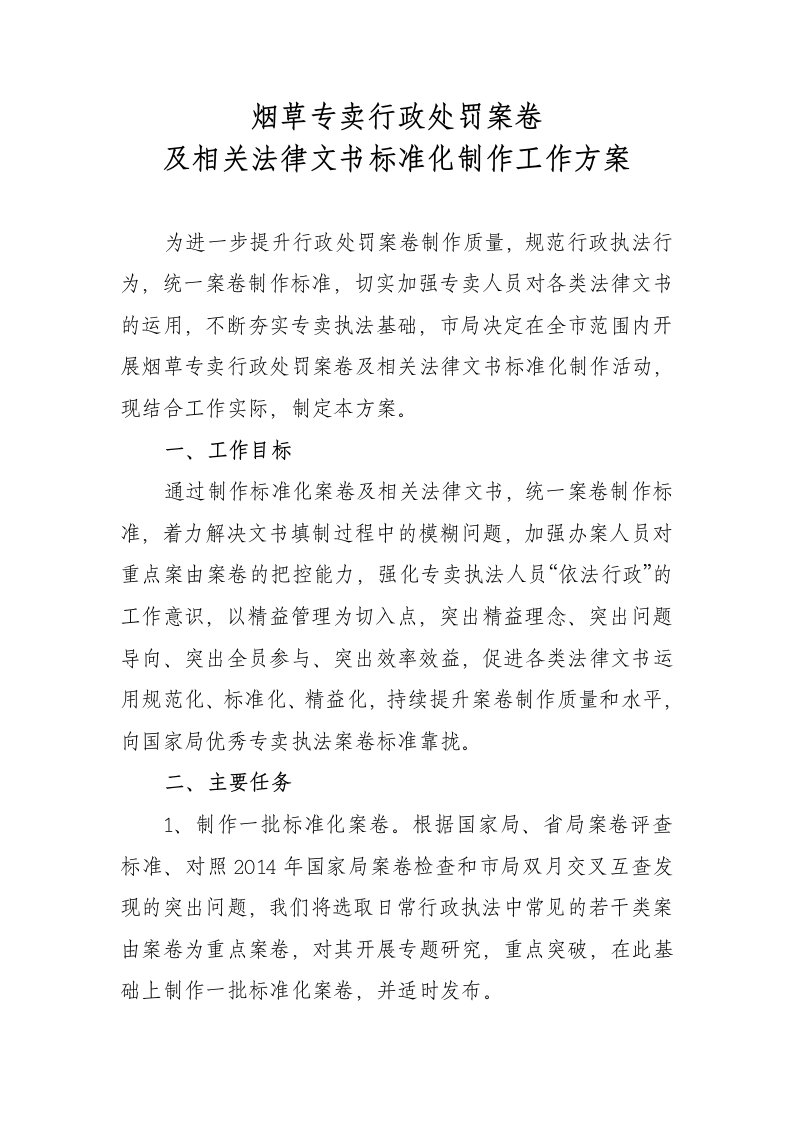 烟草专卖行政处罚案卷及相关法律文书标准化制作实施方案