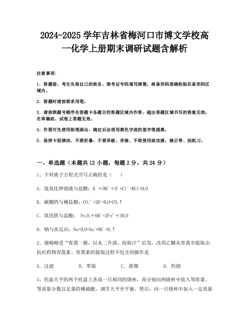 2024-2025学年吉林省梅河口市博文学校高一化学上册期末调研试题含解析