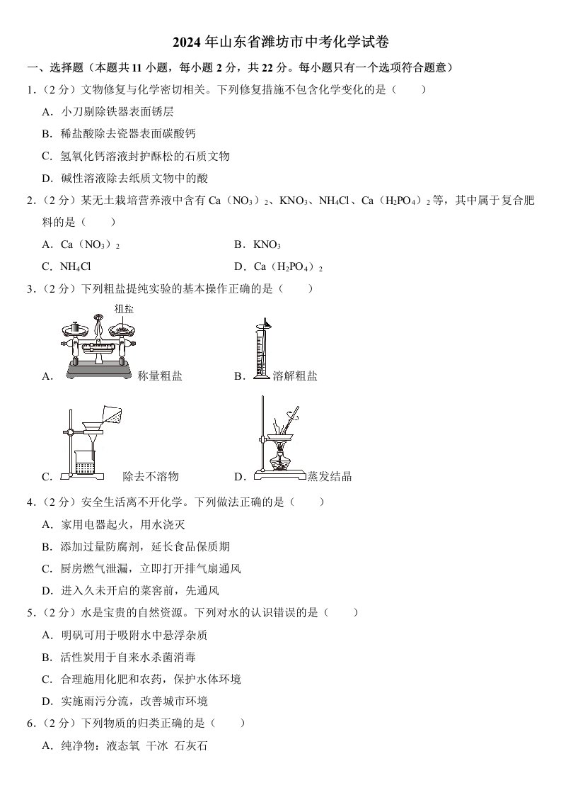 2024年山东省潍坊市中考化学试卷附答案