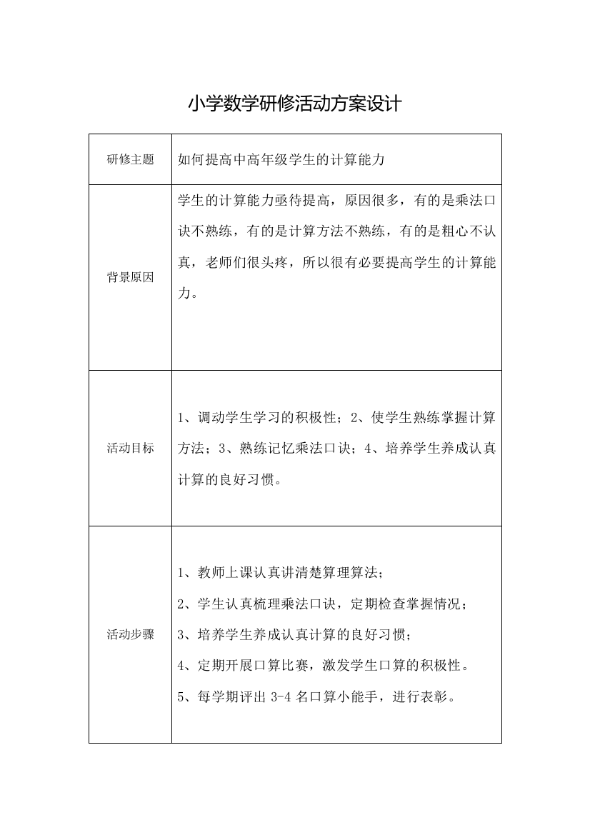 小学数学研修活动设计方案（谭玉琴）