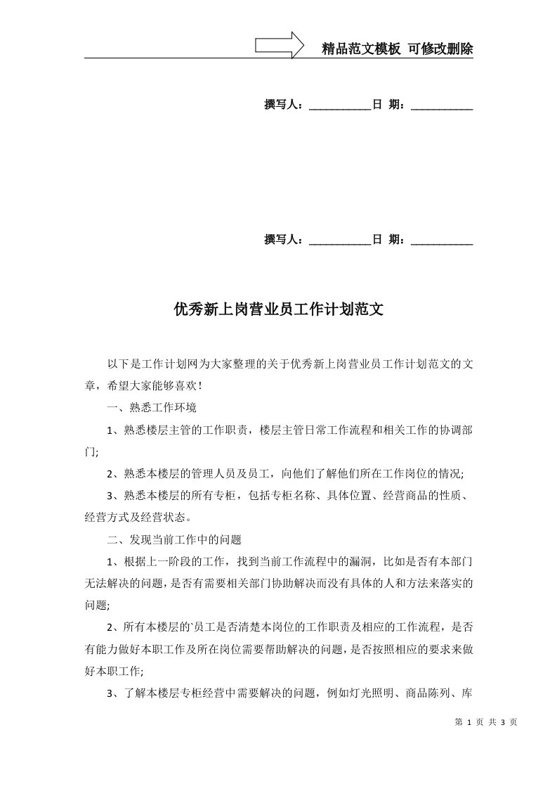 2022年优秀新上岗营业员工作计划范文