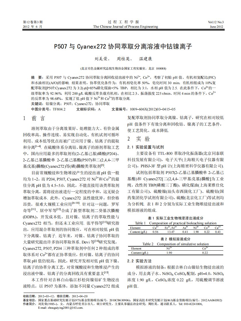 P507与Cyanex272协同萃取分离溶液中钴镍离子