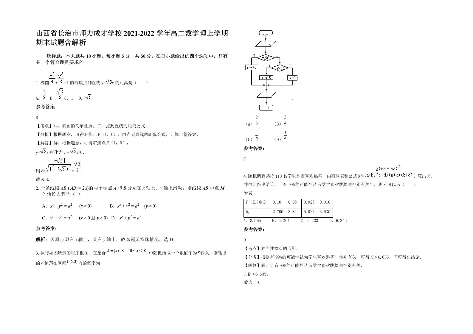 山西省长治市师力成才学校2021-2022学年高二数学理上学期期末试题含解析