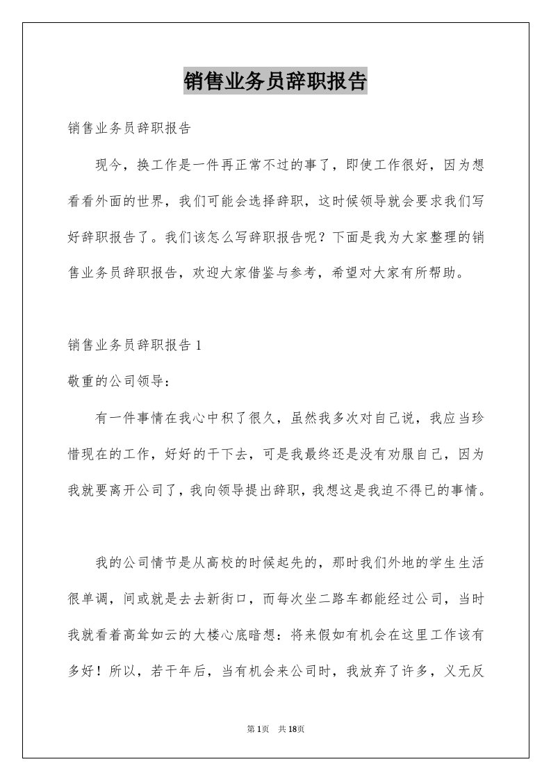 销售业务员辞职报告汇总