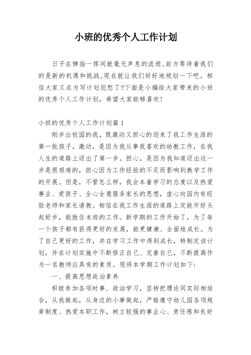 小班的优秀个人工作计划