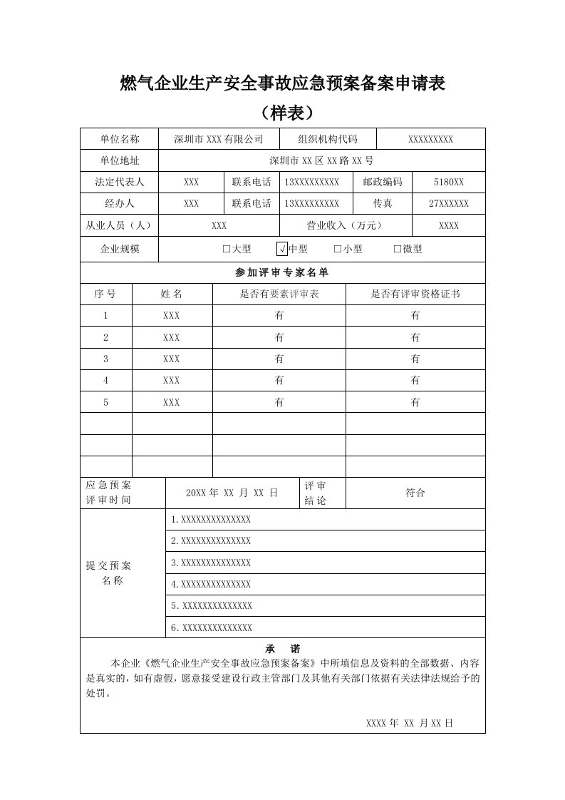 燃气企业生产安全事故应急预案备案申请表.doc