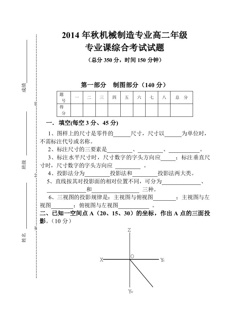 2014年秋机械制造专业高二年级综合试题