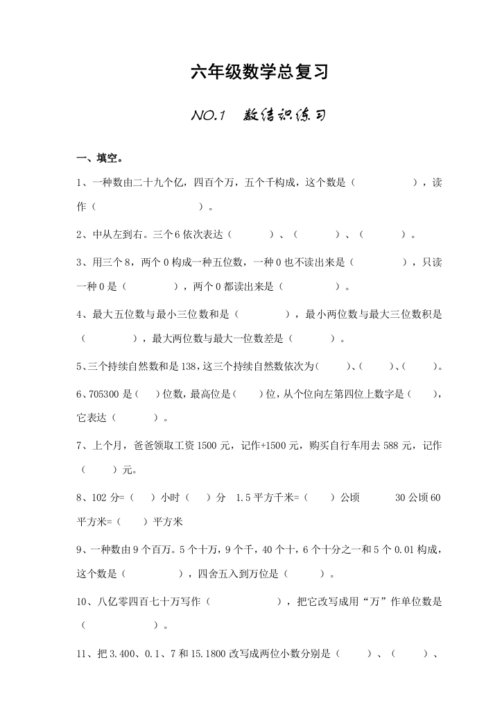 2021年小学六年级数学总复习新版题库分类