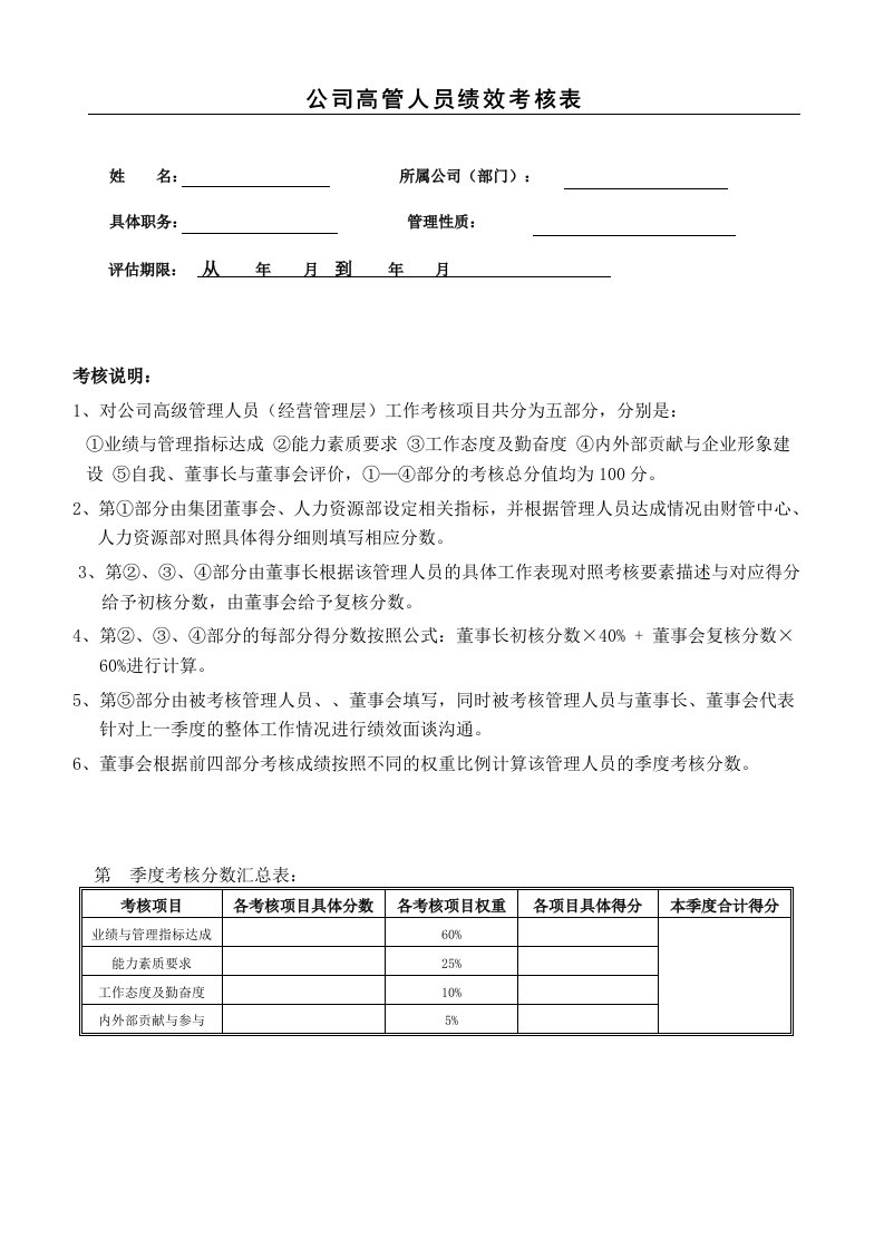 公司高层管理人员考核表