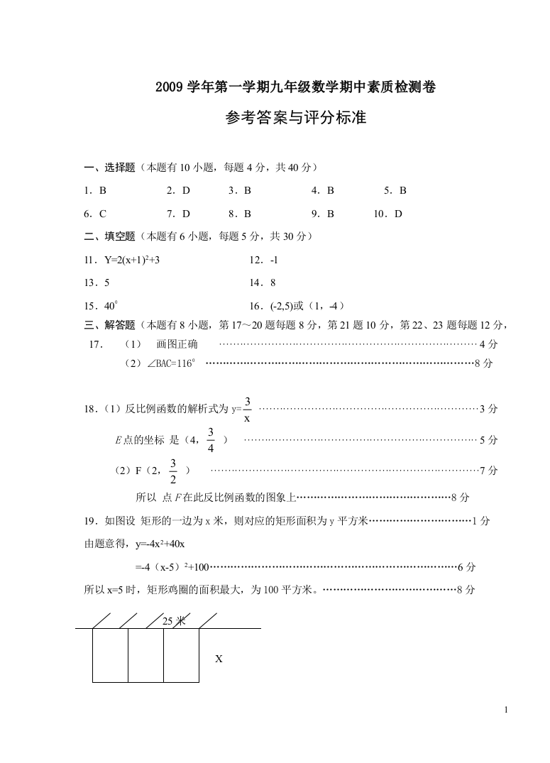 【小学中学教育精选】2009学年第一学期九年级数学答案