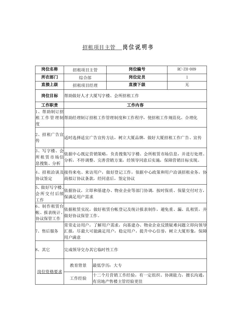 招租项目主管岗位职责说明书样本