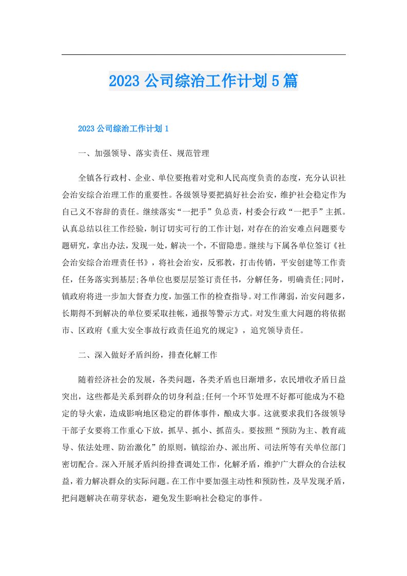 公司综治工作计划5篇