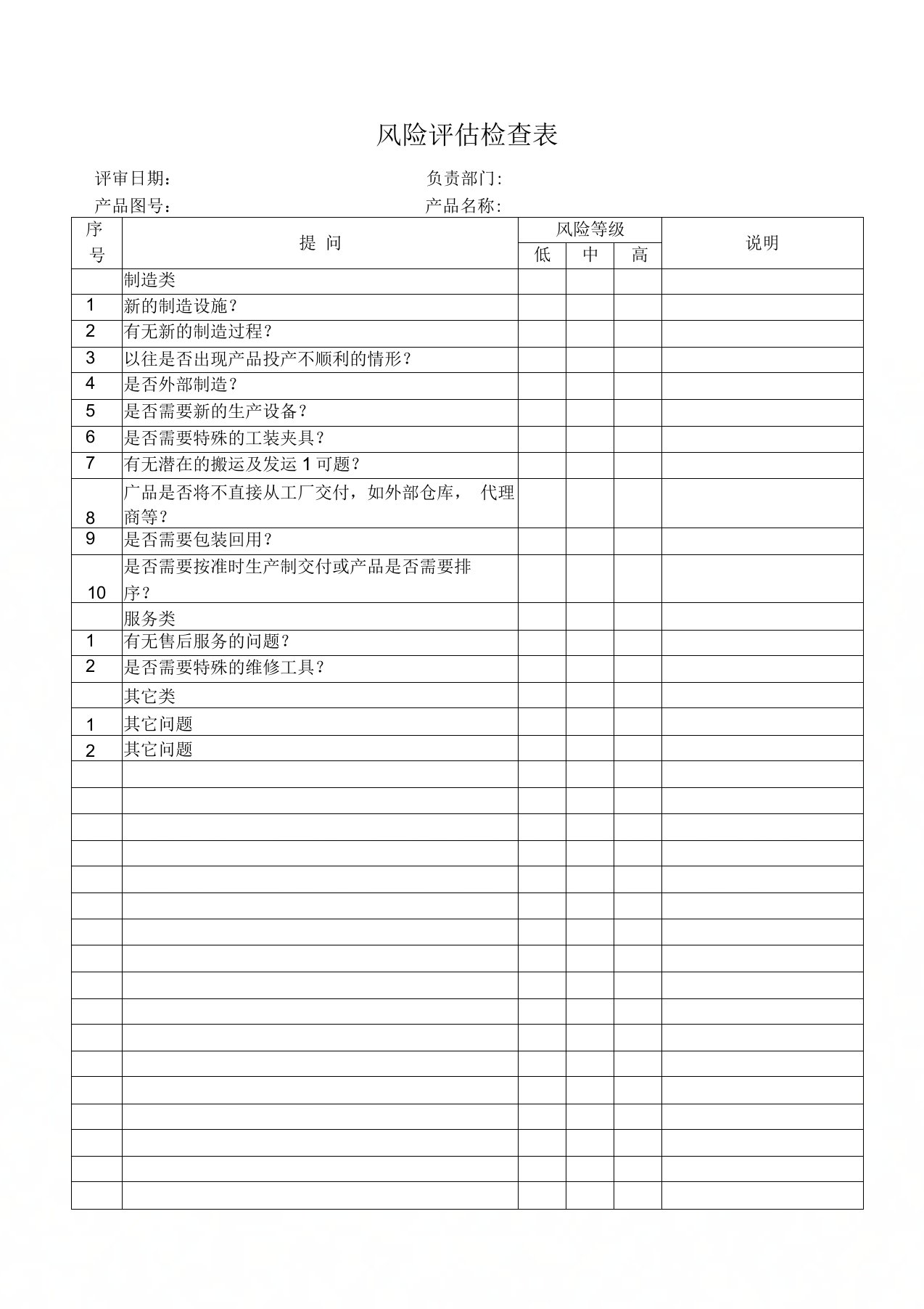 新产品风险评估检查表