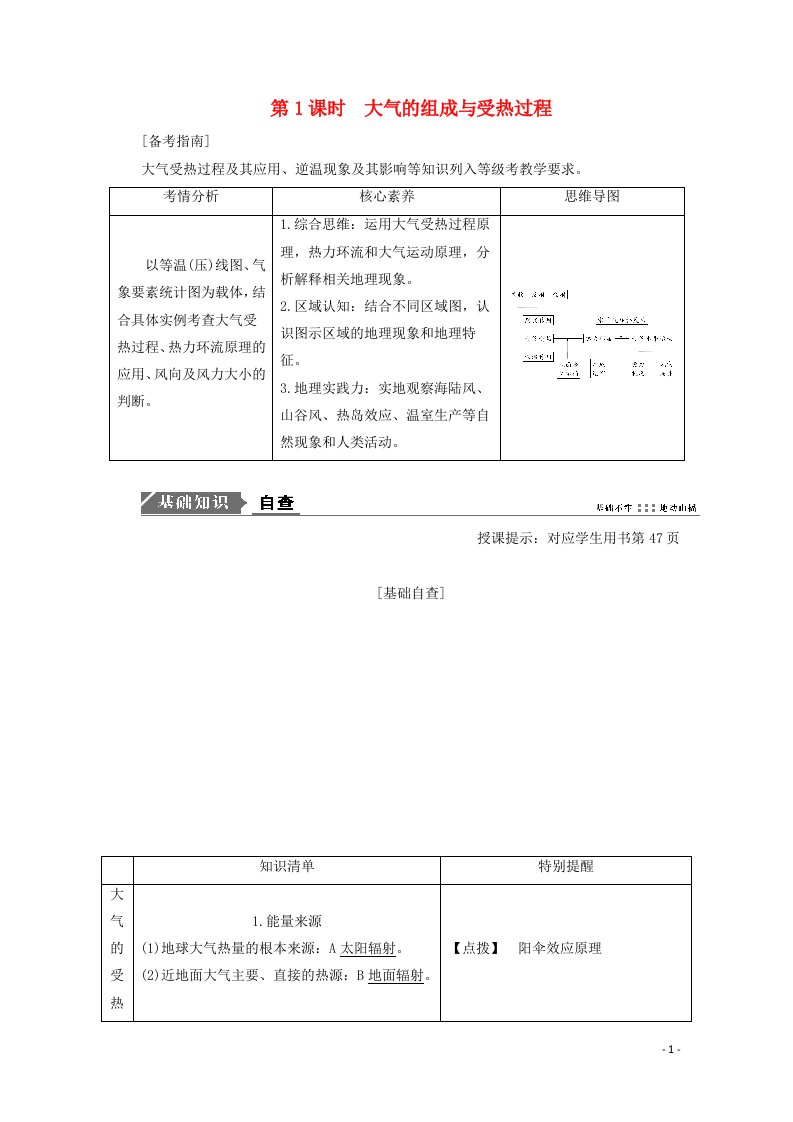 2021届高考地理一轮复习第三章地球上的大气第1讲第1课时大气的组成与受热过程教案新人教版