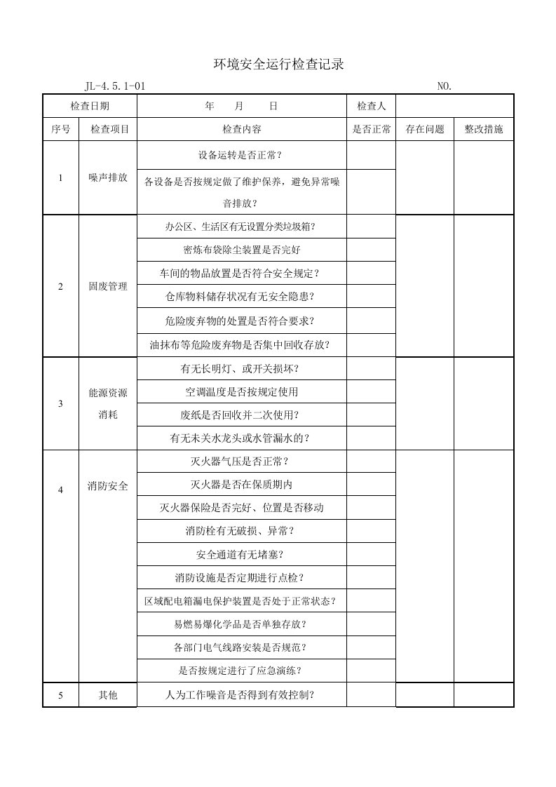 环境安全运行检查记录